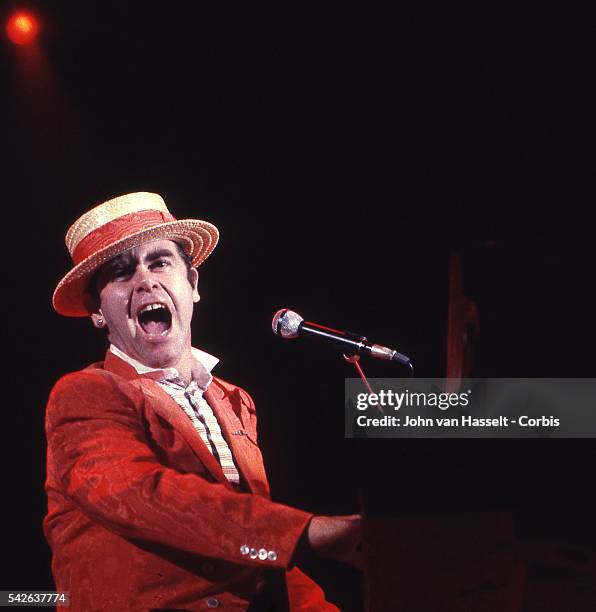 British Pop and rock singer, songwriter, pianist and record producer Elton John in concert in Paris.