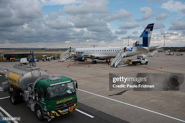 Azul Linhas Aereas Brasileiras SA jets sit on the tarmac at Viracopos International Airport in Campinas, Brazil, on Wednesday, Sept. 9, 2015.