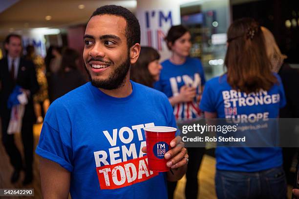 Supporters of the Stronger In Campaign gather to wait for the result of the EU referendum at the Royal Festival Hall on June 23, 2016 in London,...