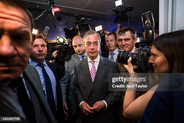 Independence Party Leader Nigel Farage arrives at the Leave.EU campaign's referendum party at Millbank Tower on June 23, 2016 in London, England. The...