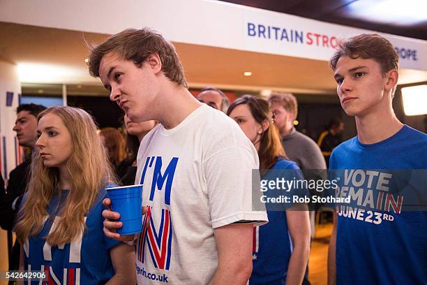 Supporters of the Stronger In Campaign react after heading the result from Orkney in the EU referendum at the Royal Festival Hall on June 24, 2016 in...