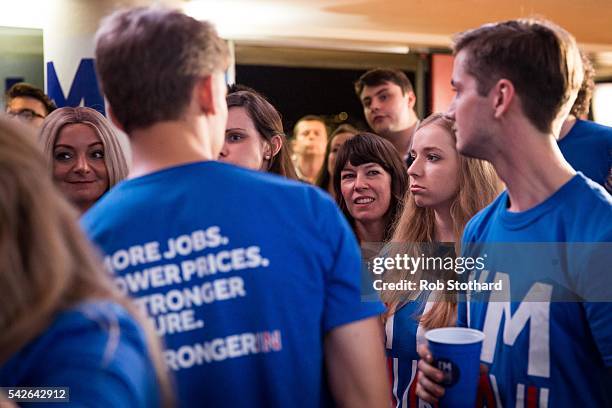 Supporters of the Stronger In Campaign react after heading the result from Orkney in the EU referendum at the Royal Festival Hall on June 23, 2016 in...