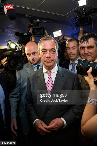 Independence Party Leader Nigel Farage arrives at the Leave.EU campaign's referendum party at Millbank Tower on June 23, 2016 in London, England. The...