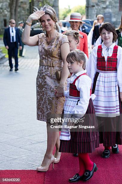 Princess Martha Louise of Norway and Emma Tallulah Behn attend a celebratory church service in the Nidaros Cathedral during the Royal Silver Jubilee...