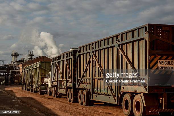 Trucks with Sugarcane plants enter the mill as vapor steams out of the furnaces At Unidade industrial Cruz Alta da Guarani SA ethanol sugar and...