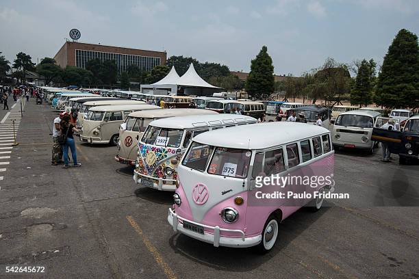 Campervans sit at an exhibition at the parking lot of the Volkswagen plant , Sao Bernardo do Campo, Brazil just before the end of the production in...