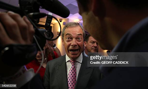 Independence Party leader Nigel Farage speaks to journalists at the Leave.EU referendum party at Millbank Tower in central London on June 23 2016,...