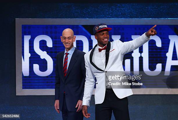 Buddy Hield poses with Commissioner Adam Silver after being drafted sixth overall by the New Orleans Pelicans in the first round of the 2016 NBA...