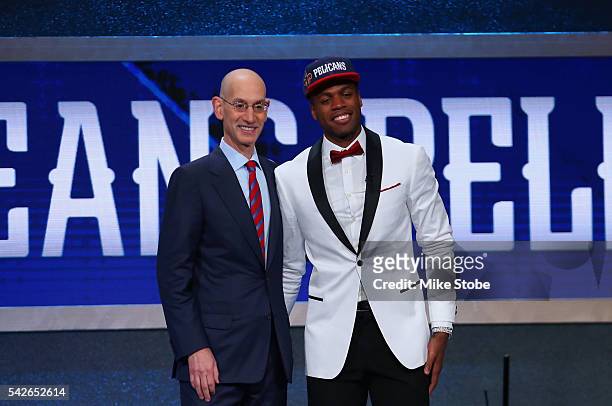 Buddy Hield poses with Commissioner Adam Silver after being drafted sixth overall by the New Orleans Pelicans in the first round of the 2016 NBA...