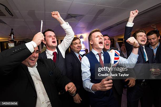 People react to a regional EU referendum result at the Leave.EU campaign's referendum party at Millbank Tower on June 23, 2016 in London, England....