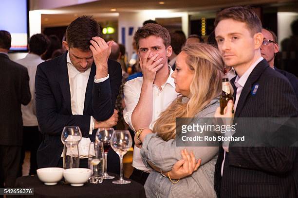 Supporters of the Stronger In Campaign react as results of the EU referendum are announced at the Royal Festival Hall on June 24, 2016 in London,...