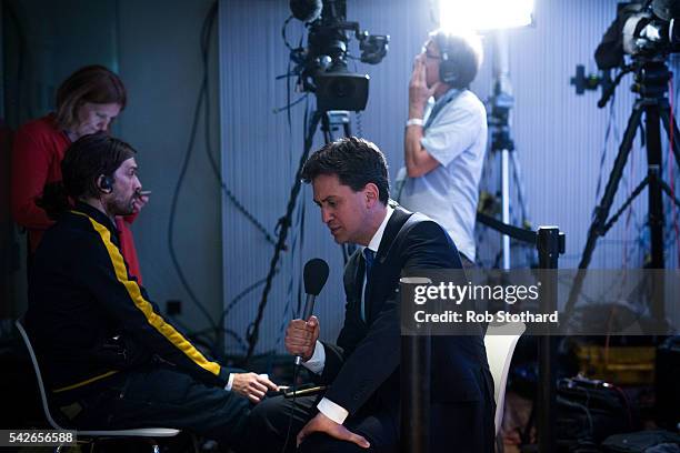 Ed Miliband, former leader of the Labour Party, is interviewed as supporters of the Stronger In Campaign gather to wait for the result of the EU...