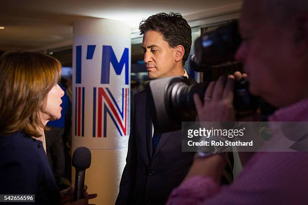 Ed Miliband, former leader of the Labour Party, is interviewed as supporters of the Stronger In Campaign gather to wait for the result of the EU...