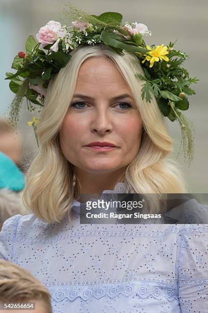Crown Princess Mette-Marit of Norway attends a garden party during the Royal Silver Jubilee Tour on June 23, 2016 in Trondheim, Norway.
