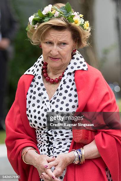 Queen Sonja of Norway attends a garden party during the Royal Silver Jubilee Tour on June 23, 2016 in Trondheim, Norway.