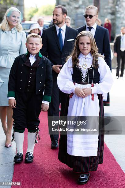 Prince Sverre Magnus of Norway and Princess Ingrid Alexandra of Norway attend a celebratory church service in the Nidaros Cathedral during the Royal...