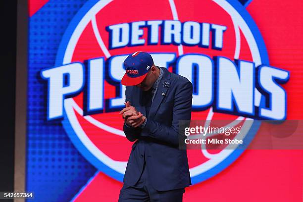 Henry Ellenson celebrates on stage after being drafted 18th overall by the Detroit Pistons in the first round of the 2016 NBA Draft at the Barclays...