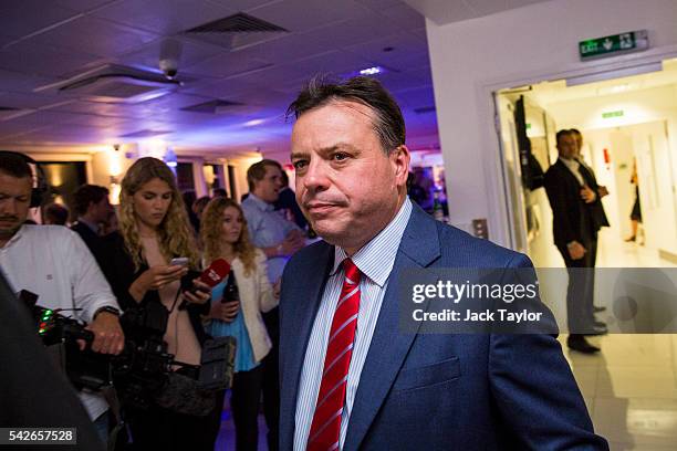 British businessman and co-founder of Leave.EU Arron Banks attends the campaign's referendum party at Millbank Tower on June 24, 2016 in London,...