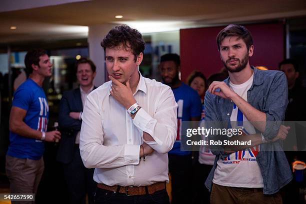 Supporters of the Stronger In Campaign react as results of the EU referendum are announced at the Royal Festival Hall on June 24, 2016 in London,...