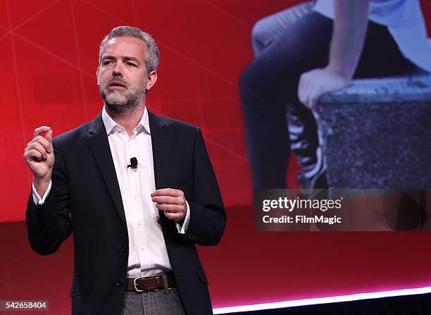 Sebastien Missoffe, Global Head of Operations, YouTube speaks at the industry keynote during VidCon at the Anaheim Hilton on June 23, 2016 in...