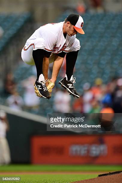 Starting pitcher Tyler Wilson of the Baltimore Orioles jumps in the air behind the pitcher's mound before the start of the first inning during a MLB...