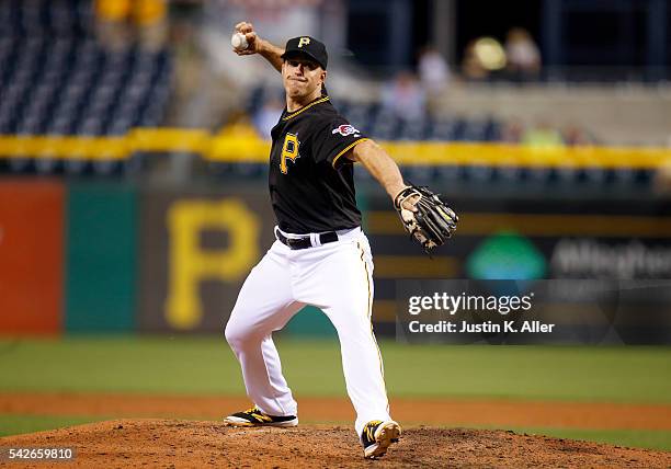 Erik Kratz of the Pittsburgh Pirates in action during the game against the San Francisco Giants at PNC Park on June 21, 2016 in Pittsburgh,...