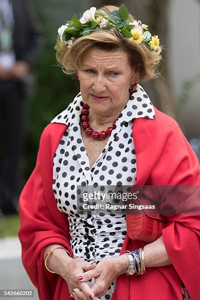 Queen Sonja of Norway attends a garden party during the Royal Silver Jubilee Tour on June 23, 2016 in Trondheim, Norway.
