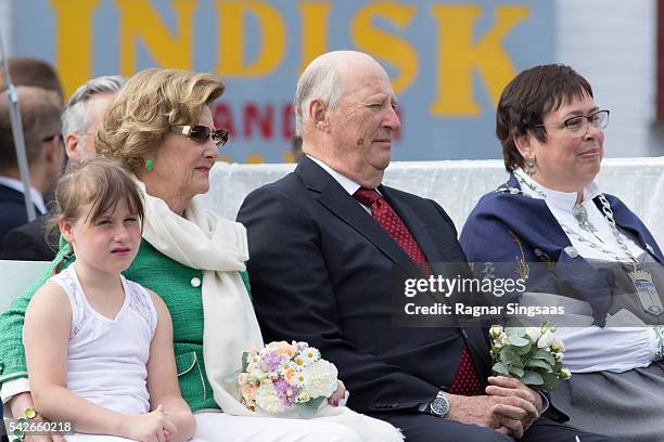 Emma Tallulah Behn, Queen Sonja of Norway and King Harald V of Norway attend festivities at the Ravnakloa fish market during the Royal Silver Jubilee...