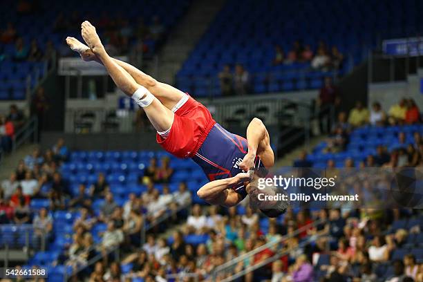 Kanji Oyama competes in the floor exercise during day one of the 2016 Men's Gymnastics Olympic Trials at Chafitz Arena on June 23, 2016 in St. Louis,...