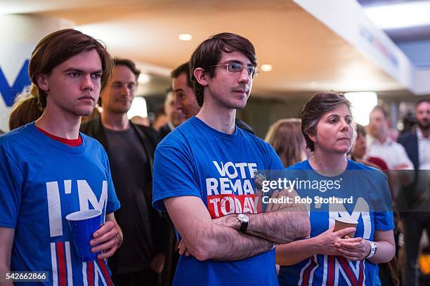 Supporters of the Stronger In Campaign react as results of the EU referendum are announced at the Royal Festival Hall on June 24, 2016 in London,...