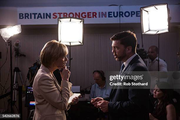 Stephen Crabb, Secretary of State for Work and Pensions, is interviewed by a journalist as supporters of the Stronger In Campaign gather to hear the...