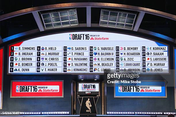 The full draft board of the first 30 pics of the first round of the 2016 NBA Draft is seen at the Barclays Center on June 23, 2016 in the Brooklyn...