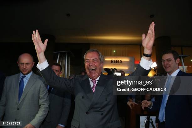 Leader of the United Kingdom Independence Party , Nigel Farage reacts outside the Leave.EU referendum party at Millbank Tower in central London on...