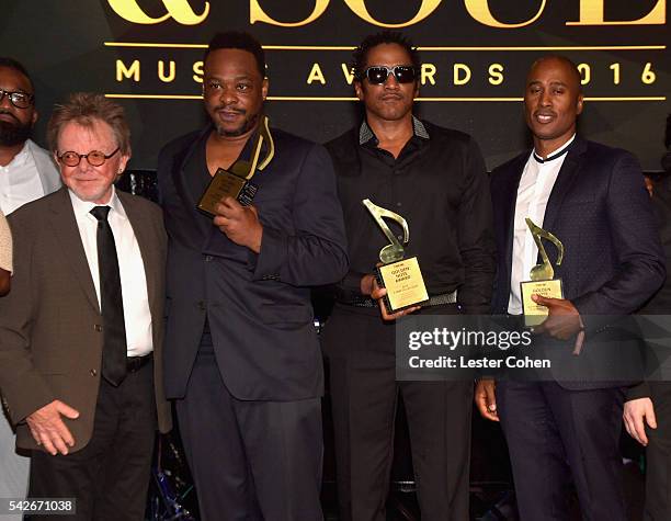 President & Chairman Paul Williams with rappers Jarobi White, Q-Tip and Ali Shaheed Muhammad of A Tribe Called Quest, recipients of the ASCAP Golden...