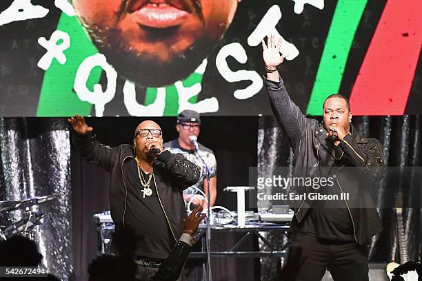 Rappers Spliff Star and Busta Rhymes perform onstage during the 2016 ASCAP Rhythm & Soul Awards at the Beverly Wilshire Four Seasons Hotel on June...