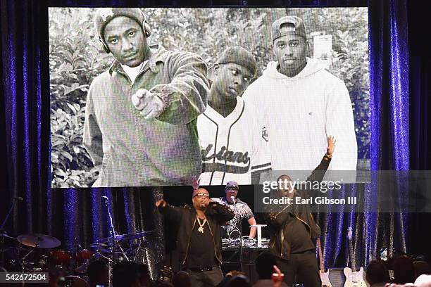 Rappers Spliff Star and Busta Rhymes perform onstage during the 2016 ASCAP Rhythm & Soul Awards at the Beverly Wilshire Four Seasons Hotel on June...