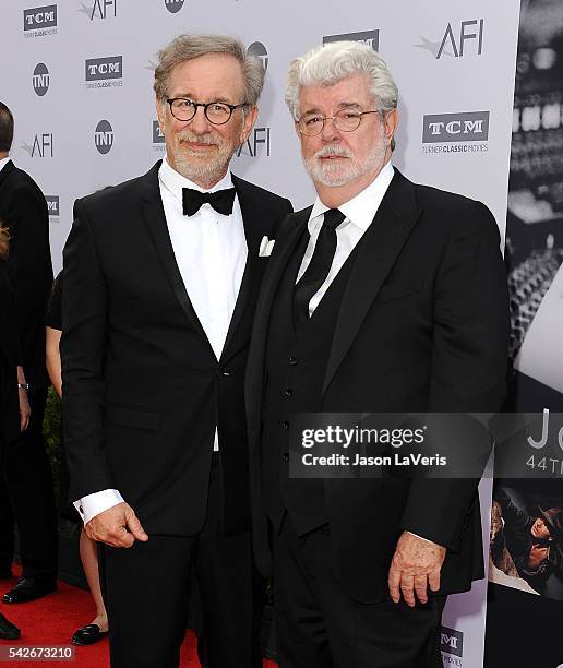 Directors Steven Spielberg and George Lucas attend the 44th AFI Life Achievement Awards gala tribute at Dolby Theatre on June 9, 2016 in Hollywood,...