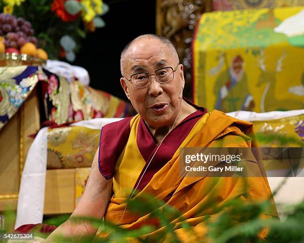 His Holiness the 14th Dalai Lama speaks during A Teaching: The Eight Verses of Training the Mind hosted by the Tibetan Association of Colorado at...