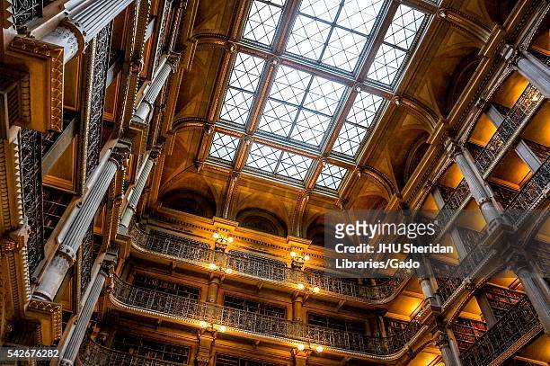 Low camera angle shot of the George Peabody Library at the Johns Hopkins University, 2016. Courtesy Eric Chen. .