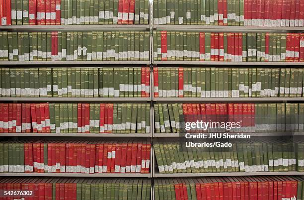 Shelves full of books on D-level, a lowest floor of the Milton S. Eisenhower Library on the Homewood campus of the Johns Hopkins University in...