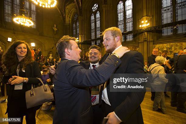 Jamie Ross McKenzie, left, and Edward Sumner of UKIP's youth wing celebrate at Manchester Town Hall after the EU referendum on June 23, 2016 in...