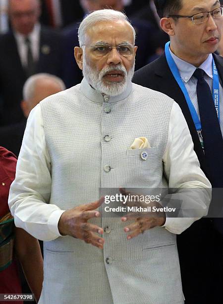 Indian Prime Minister Narendra Modi and Chinese President Xi Jinping arrives at the sessionn of Shanghai Cooperation Organisation Summit on June 24,...