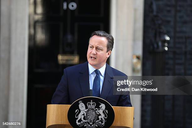 British Prime Minister David Cameron resigns on the steps of 10 Downing Street on June 24, 2016 in London, England. The results from the historic EU...