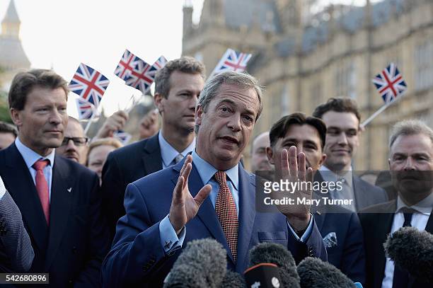Nigel Farage, leader of UKIP and Vote Leave campaigner, arrives to speak to the assembled media at College Green, Westminster following the results...