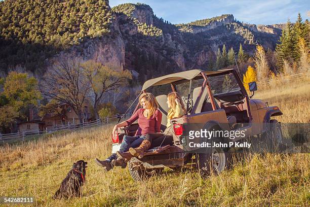 two young women relaxing with dog at sunset - car pet barrier stock pictures, royalty-free photos & images