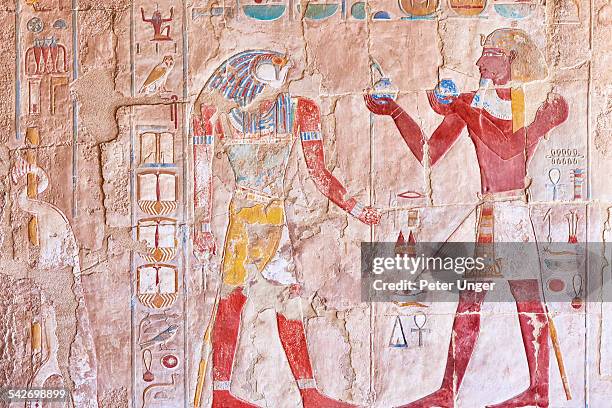 hieroglyphs at the temple of queen hatshepsut - egyptian gods stock pictures, royalty-free photos & images