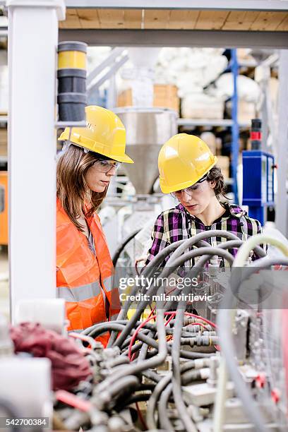 young women engineers working in factory - camren bildbanksfoton och bilder