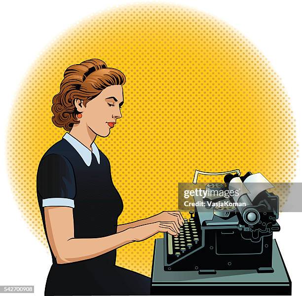 retro woman typing on very old typewriter - copy writing stock illustrations