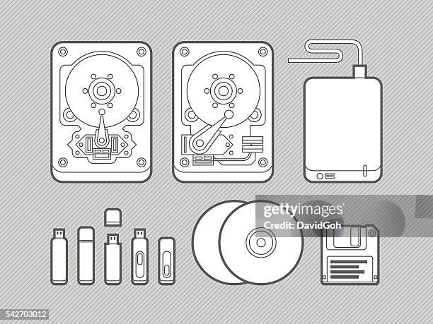 data storage media flat design set - usb thumb drive stock illustrations