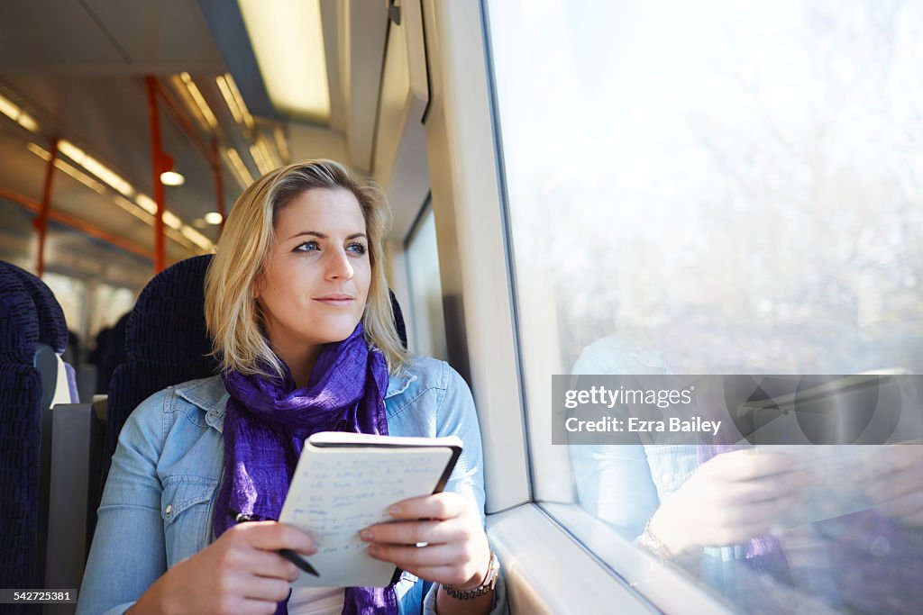 Woman on a train looking out the window.